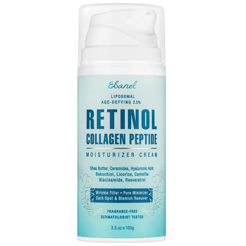 Ebanel Retinol Collagen Peptide Moisturizer Cream in a light blue pump bottle, labeled with key ingredients such as shea butter, ceramides, hyaluronic acid, bakuchiol, licorice, camellia, niacinamide, and resveratrol. The front text highlights wrinkle-filling, pore-minimizing, and dark-spot reducing benefits.