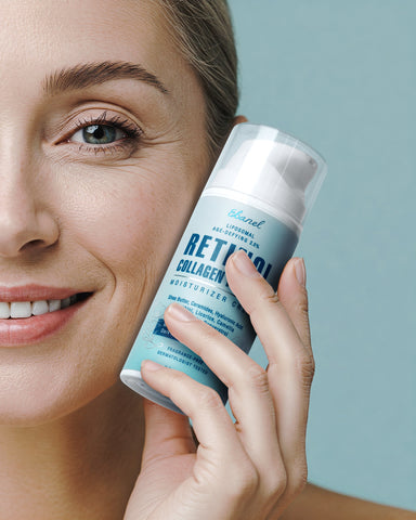 A smiling woman with clear, glowing skin holds a white bottle of Ebanel Retinol Collagen Peptide Moisturizer Cream beside her face against a light blue background. The image highlights healthy, hydrated skin and the product’s gentle, age-defying formula.