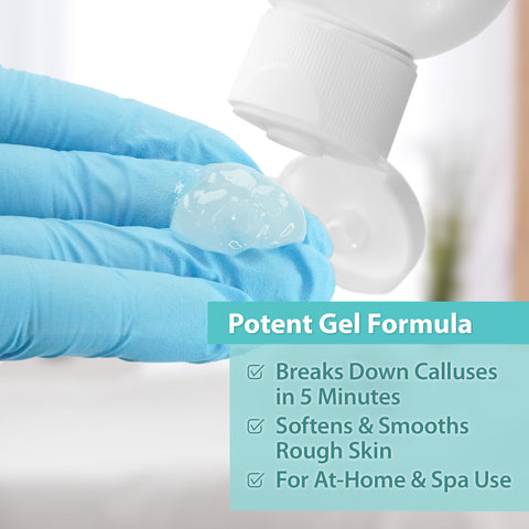 Close-up of a gloved hand holding a clear gel being dispensed from a white bottle. Overlay text reads “Potent Gel Formula” with bullet points stating: “Breaks Down Calluses in 5 Minutes,” “Softens & Smooths Rough Skin,” and “For At-Home & Spa Use.