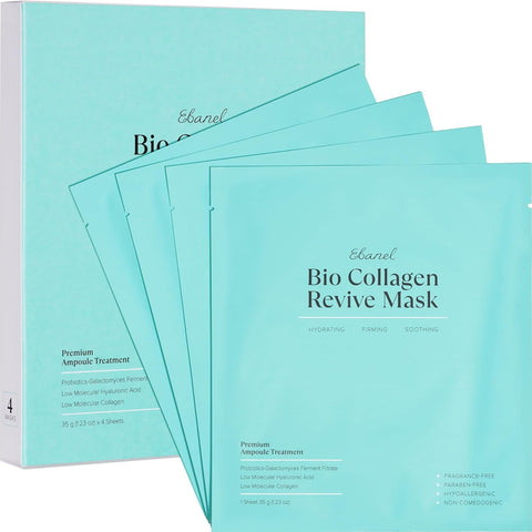 Bio Collagen Face Mask, 4-Pack Hydrating Face Masks with 7 Peptides, Hyaluronic Acid, Niacinamide, Centella, Rose Water, Ceramide, and B5, Glass Skin Tightening and Lifting Korean Sheet Masks