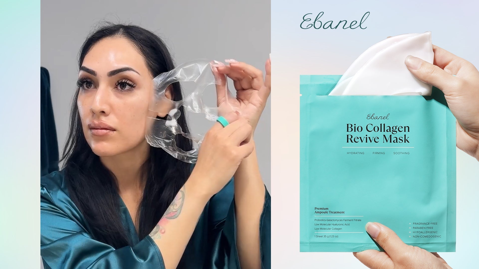 Woman removing the Ebanel Bio Collagen Revive Mask while wearing a teal robe, shown next to a close-up of the mask being removed from its aqua packaging labeled Hydrating, Firming, and Soothing.