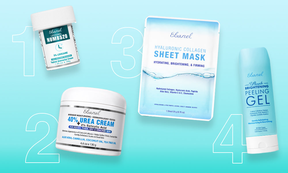 Ebanel top-selling skincare products: Numb520 5% Lidocaine Numbing Cream, 40% Urea Cream with 2% Salicylic Acid for dry cracked skin, Hyaluronic Collagen Sheet Mask 15-pack for hydration and brightening, and Exfoliating Brightening Peeling Gel for gentle dead skin removal.
