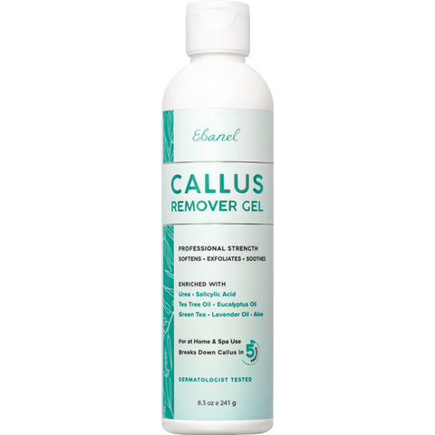 White bottle of Ebanel Callus Remover Gel (8.5 oz / 241 g) with a mint green and teal label. The front reads “Professional Strength Softens • Exfoliates • Soothes” and highlights ingredients including urea, salicylic acid, tea tree oil, eucalyptus oil, green tea, lavender oil, and aloe. The label also notes it is for home and spa use, breaks down calluses, and is dermatologist tested.