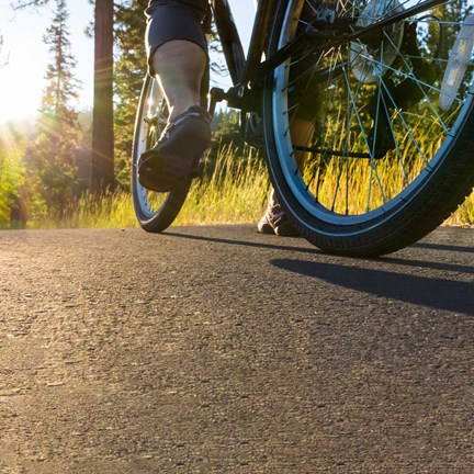 Cyclist riding down tarmac road through woodlands and forest
