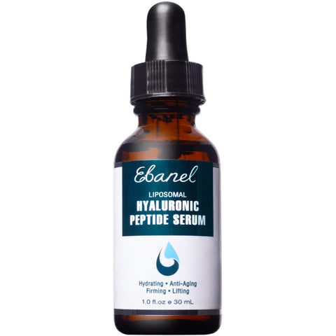 Ebanel Liposomal Hyaluronic Peptide Serum in an amber glass bottle with a black cap, featuring a white and teal label highlighting hydrating, anti-aging, firming, and lifting benefits.