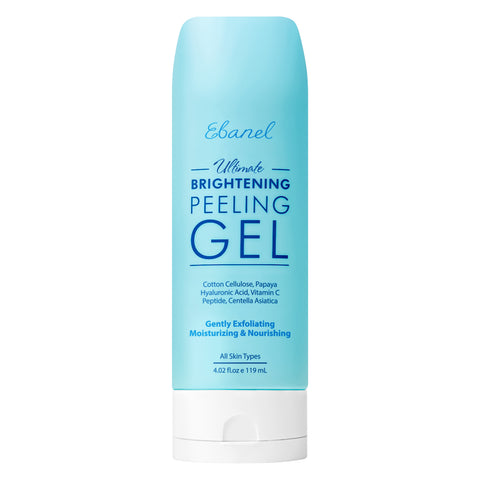 Ebanel Ultimate Brightening Peeling Gel bottle in a blue gradient container labeled for gentle exfoliation, moisturizing, and nourishing benefits with cotton cellulose, papaya, hyaluronic acid, vitamin C, peptide, and centella asiatica.