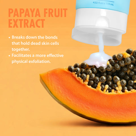 Papaya fruit slice with Ebanel Peeling Gel being dispensed above it, illustrating the papaya fruit extract benefits that help break down dead skin cells and enhance gentle physical exfoliation.
