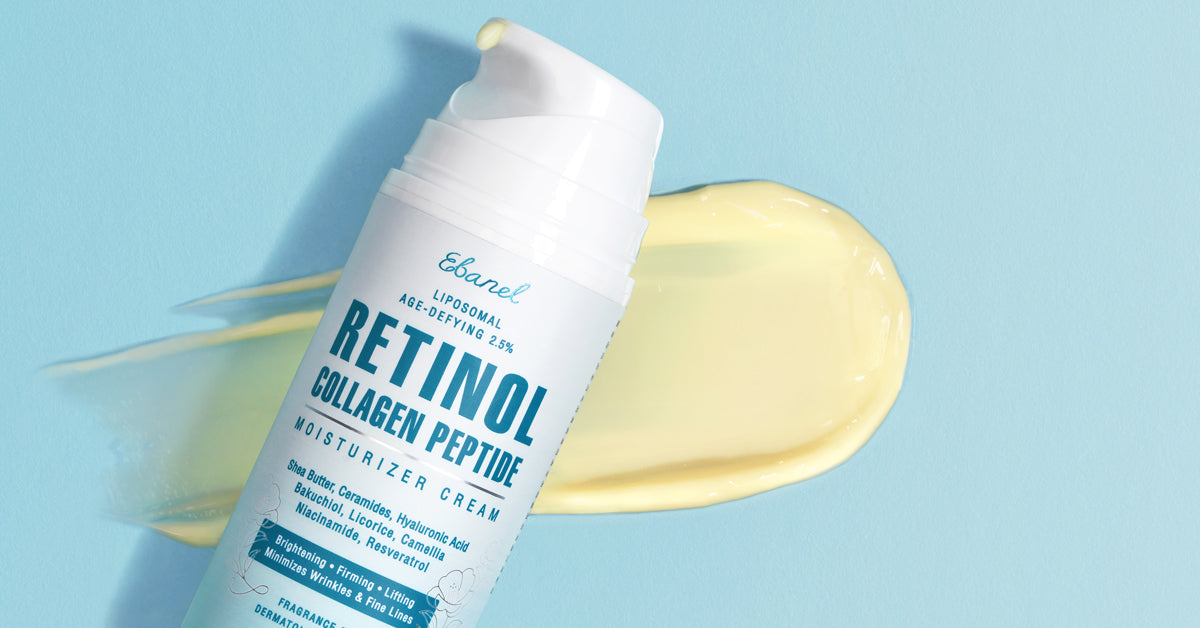 Ebanel Retinol Collagen Peptide Moisturizer Cream with yellow cream swatch on blue background.