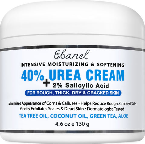 Ebanel Intensive Moisturizing & Softening 40% Urea Cream with 2% Salicylic Acid for rough, thick, dry, and cracked skin; dermatologist-tested formula with tea tree oil, coconut oil, green tea, and aloe, 4.6 oz jar.