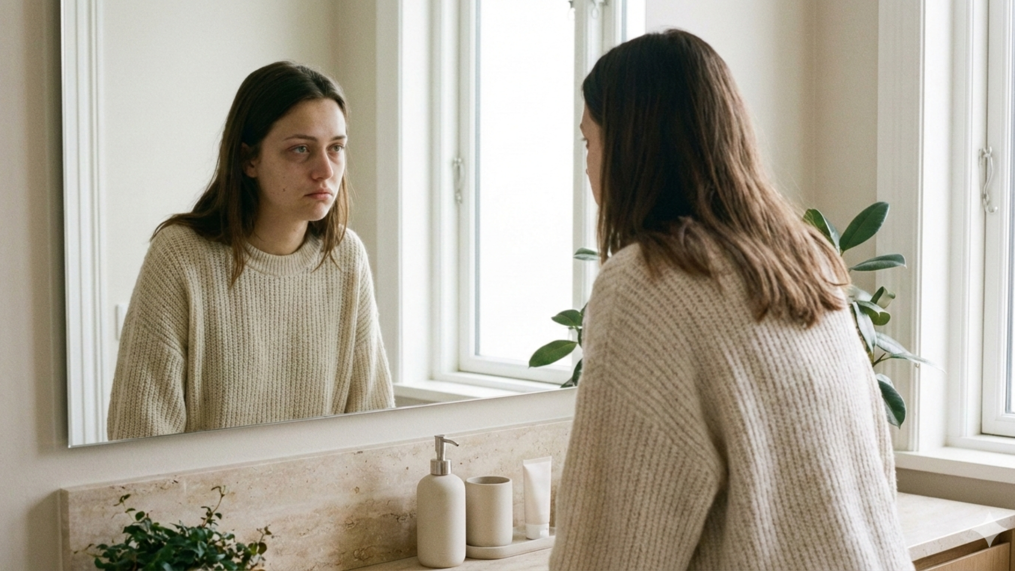 A young woman stands in a minimalist bathroom looking into the mirror with a sad, frustrated expression, examining her dull and tired-looking complexion