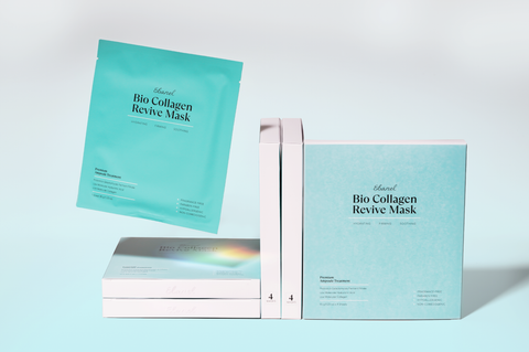Ebanel Bio Collagen Revive Mask packaging displayed on a light blue background, showing single mask pouch and boxed 4-pack set designed in aqua and white, labeled Hydrating, Firming, and Soothing.
